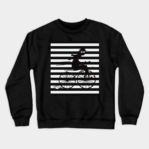 Black and white striped pattern with a shady cyclist running fast on an old bicycle Crewneck Sweatshirt by marina63